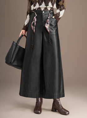 CanterKitten正品海宁真皮皮裤女绵羊皮阔腿裤秋冬款高腰九分裤子