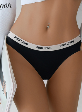 CINOON欧美性感字母豹纹腰带T字裤女生低腰无痕透气内裤黑色辣妹