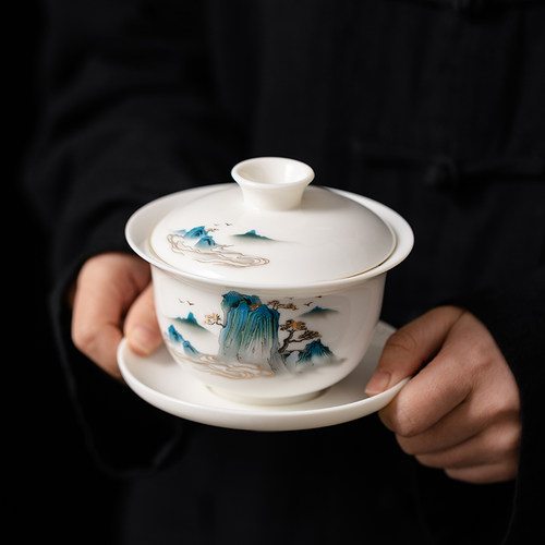 羊脂玉手绘盖碗茶杯德化白瓷泡茶碗带盖单个三才大号功夫家用茶具