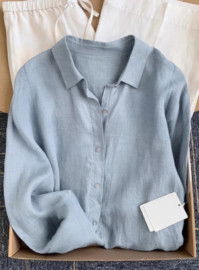 法式慵懒风雾蓝色棉麻衬衫女春秋新款高级感长袖宽松透气亚麻衬衣