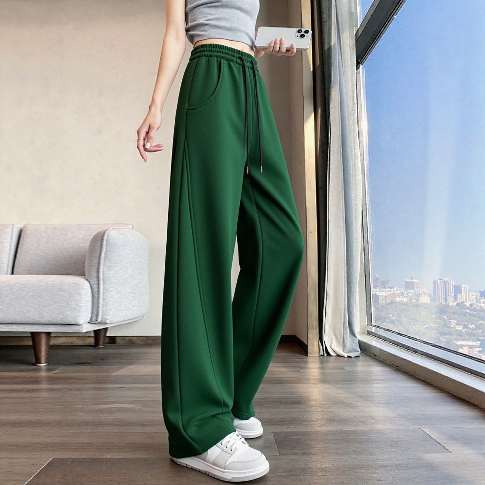 深绿色弯刀卫裤女秋冬加绒加厚高个子加长高腰显瘦直筒裤拖地长裤,女装/女士精品,卫裤,淘宝优惠券,粉丝福利购,淘宝优惠卷