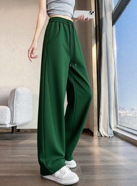 深绿色弯刀卫裤女秋冬加绒加厚高个子加长高腰显瘦直筒裤拖地长裤