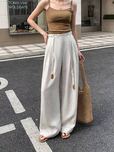 欧货326916莱塞尔亚麻天丝阔腿裤高腰垂感抽绳直筒休闲裤透气显瘦