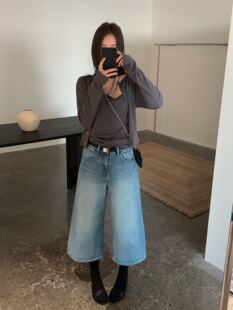 韩国AP时尚设计感宽松显瘦八分阔腿牛仔裤直筒无弹高腰七分裤6179