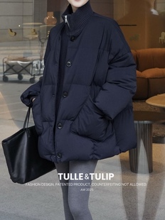 欧货2002时尚 高级感宽松显瘦复古针织领拼接假两件90白鹅绒羽绒服