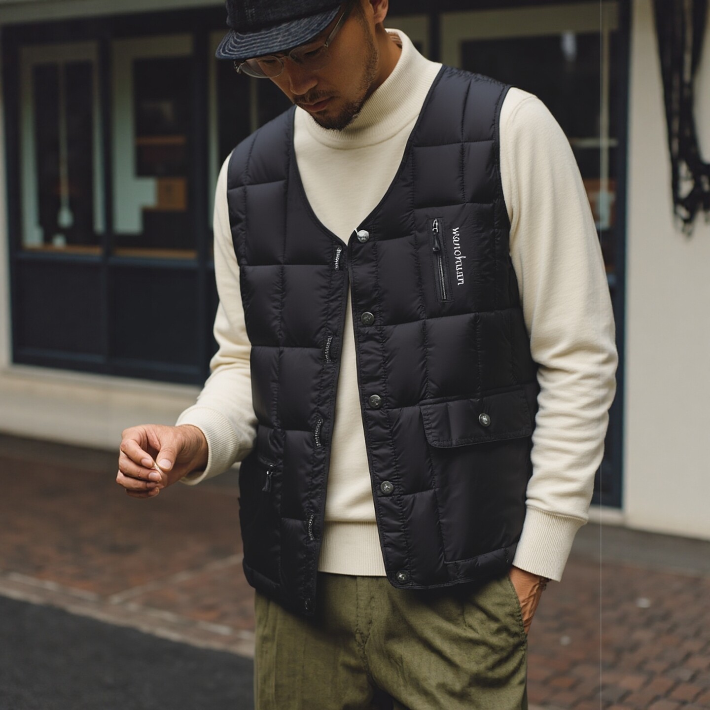 户外轻薄方格V领加棉马甲男冬季