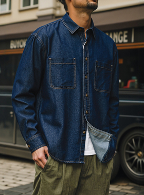 美式复古蓝色牛仔衬衫男长袖春秋工装外套外贸男装翻领休闲衬衣