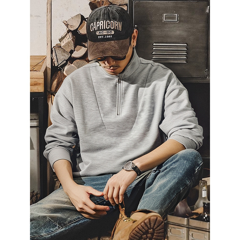 美式重磅硬挺立领卫衣半拉链针织