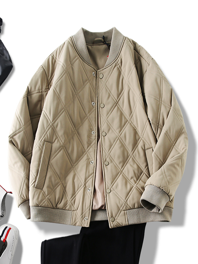 日系叠穿无领绗缝菱格棉服男薄款