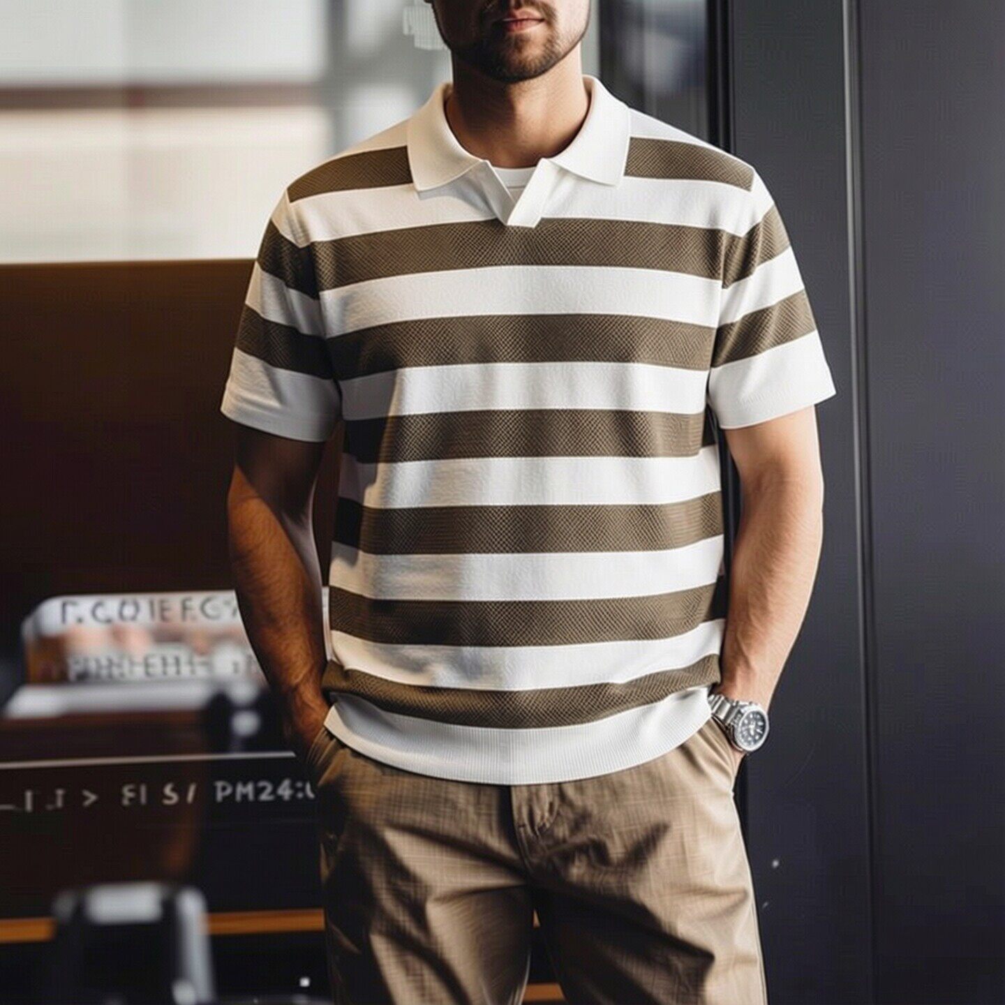 意式轻奢老钱风海鸥领条纹短袖POLO衫男夏季体恤外贸男装休闲T恤