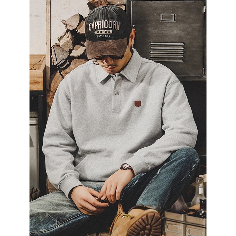 美式复古重磅纯棉卫衣翻领polo