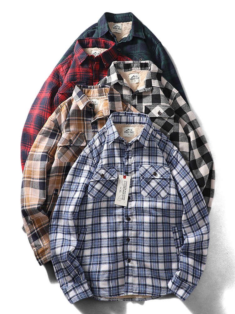 美式经典磨毛格子衬衫加绒加厚