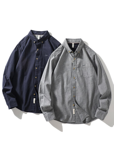 日系纯棉磨毛休闲长袖衬衫男春秋