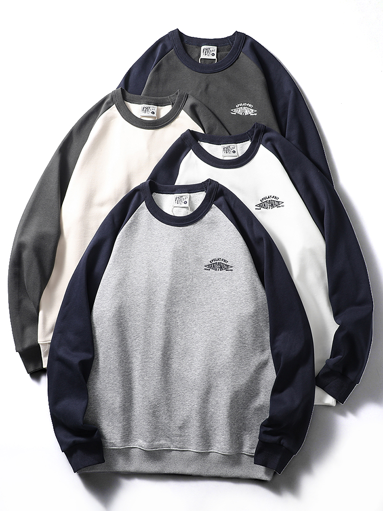 美式复古撞色插肩刺绣圆领卫衣