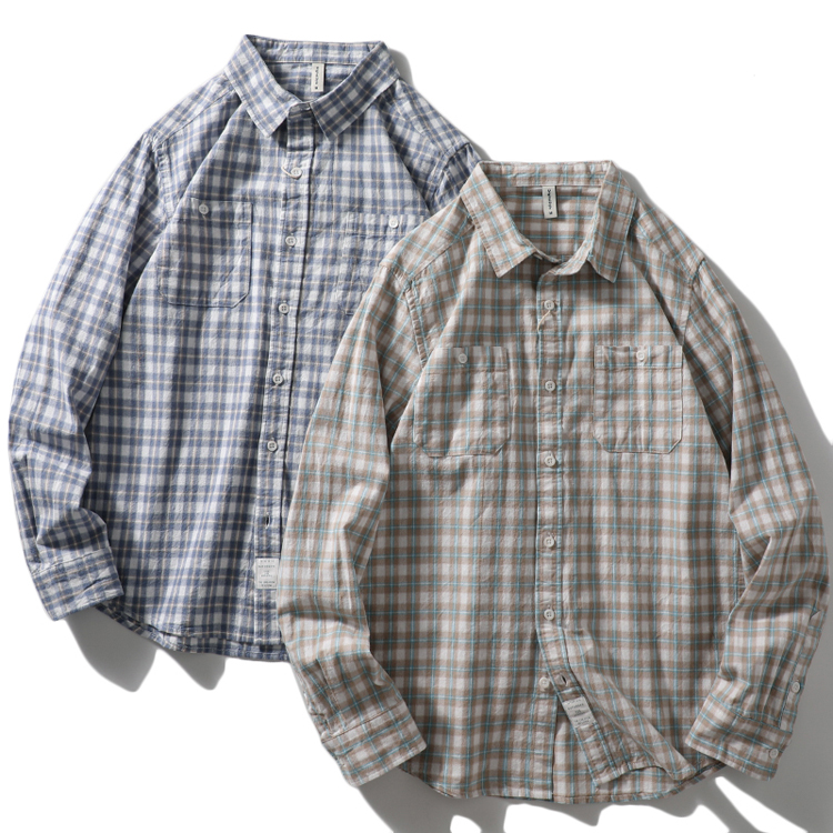 日系复古纯棉磨毛格子衬衫男长袖