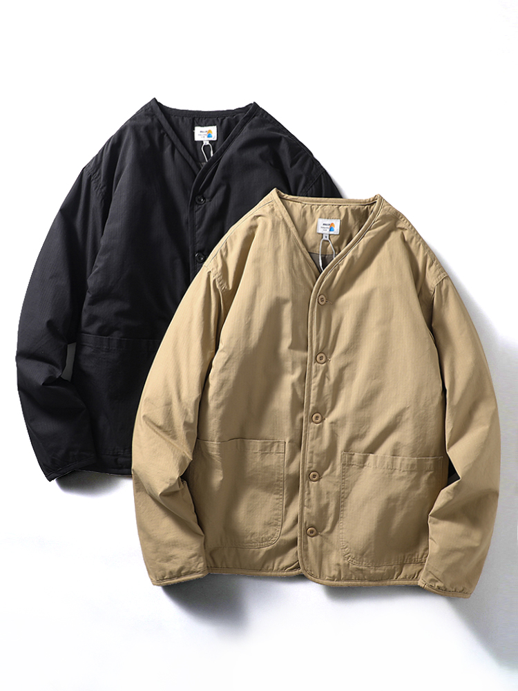 日系复古无领棉服冬季菱形格棉衣