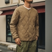 日系复古叠穿绵羊毛桑蚕丝无领棉服男冬季 夹克 轻薄外套外贸男装