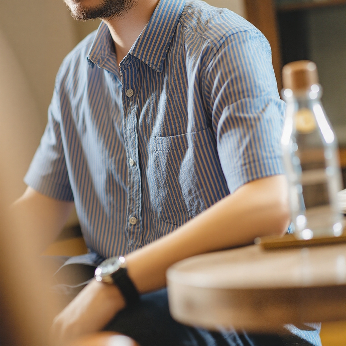 夏季美式复古纯棉条纹短袖衬衫