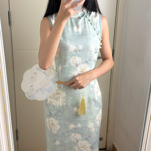 波尔菲蓝色复古新中式无袖旗袍女