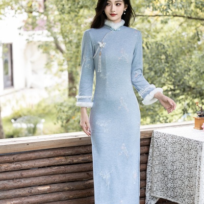 蓝色新中式改良旗袍女冬季加绒长袖修身刺绣高端大气上档次年轻款