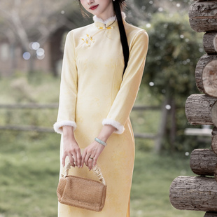小个子年轻款 新中式 加绒2025新款 旗袍女秋冬季 优雅连衣裙 黄色长袖