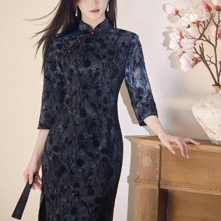 高端复古风新中式 黑色扎染日常显瘦气质国风裙 长旗袍女春秋七分袖
