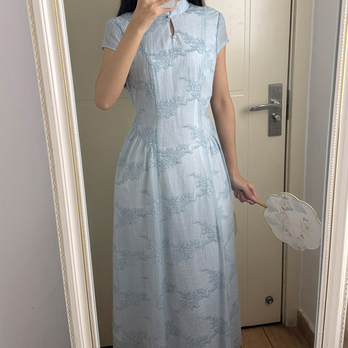 蓝色新中式短袖显瘦旗袍裙女可穿
