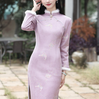 新中式紫色长袖旗袍女冬高端保暖
