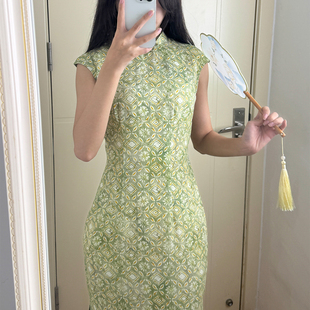 波尔菲绿色复古改良新中式无袖旗袍女2026夏季新款显白收腰日常穿