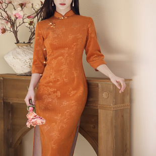 显白年轻款 收腰修身 日常礼服 复古风橙色长旗袍女春秋七分袖 新中式