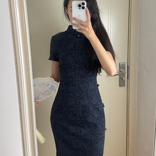 波尔菲藏青色复古新中式改良短袖大码旗袍女2026夏季新款日常可穿