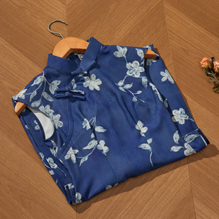 波尔菲蓝色复古花色旗袍女2026新款 高端大气日常民国风长裙 新中式