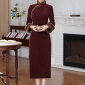 2025春秋新款 新中式 酒红色改良旗袍女长袖 立领优雅日常显瘦连衣裙