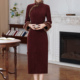 立领优雅日常显瘦连衣裙 2026春秋新款 新中式 酒红色改良旗袍女长袖