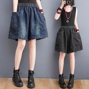 复古大口袋牛仔短裤 新款 2025新款 女夏季 韩版 松紧腰宽松显瘦阔脚裤