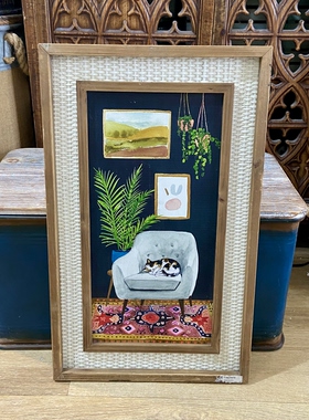 老货孤品中古风猫咪休憩插画装饰画三花猫室内文艺挂画田园治愈