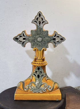 外贸孤品vintage中古复古做旧陶瓷克罗心十字架装饰品摆件