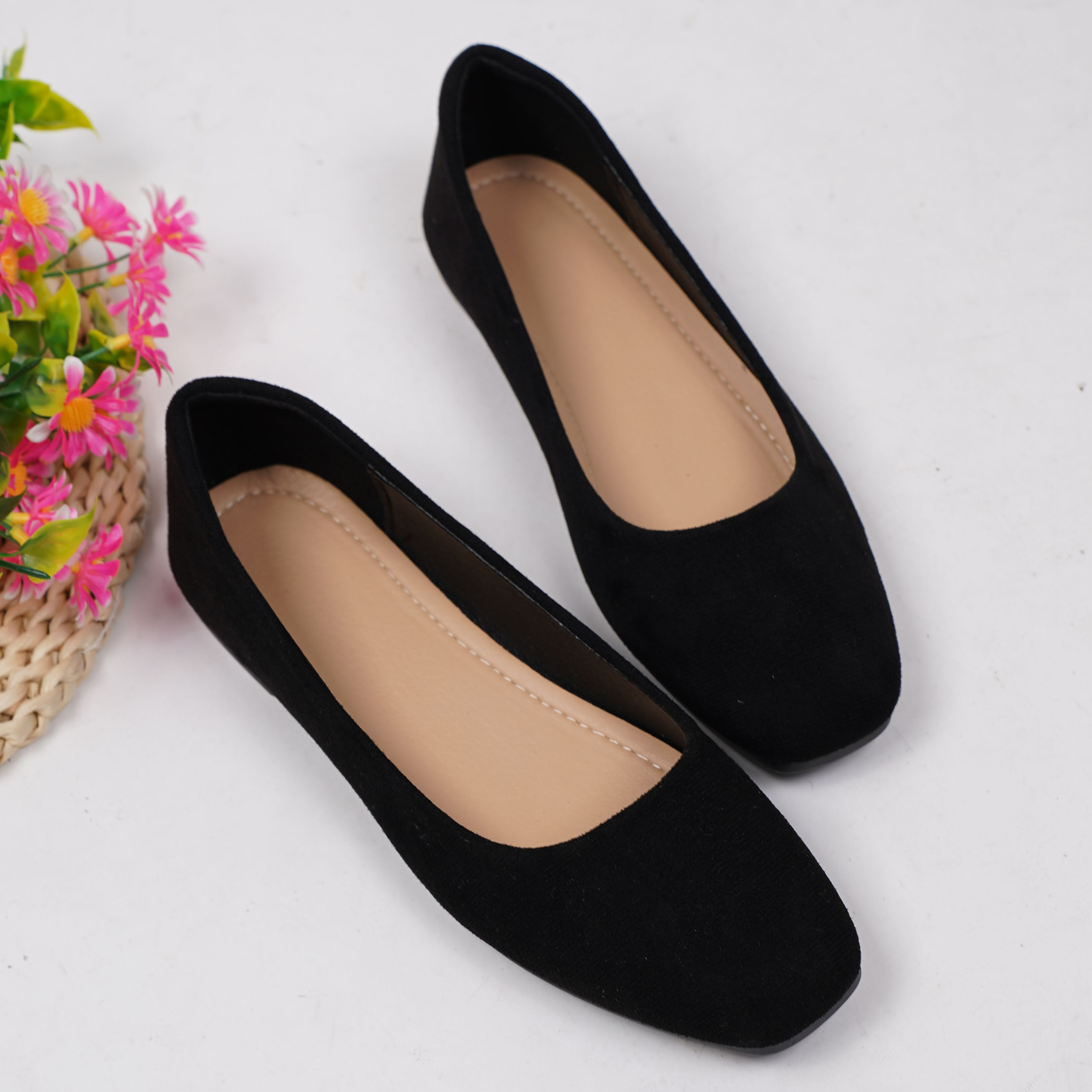 2025春季新款浅口方头单鞋休闲舒适绒面平底鞋时尚通勤黑色工作鞋,女鞋,浅口单鞋,淘宝优惠券,粉丝福利购,淘宝优惠卷