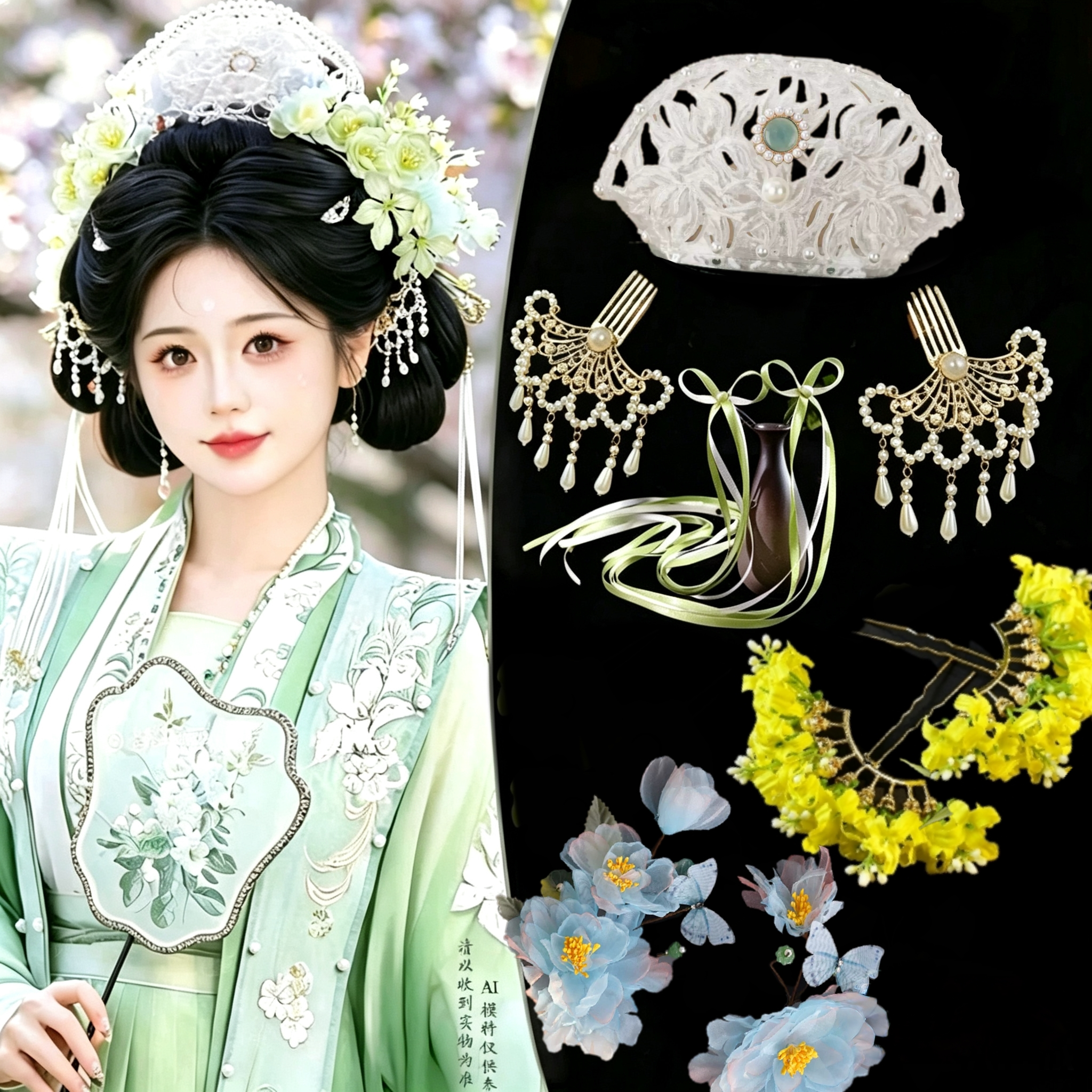 宋制莲花头冠汉服头饰发簪新款珍珠绿色莲叶妆花流苏步摇发饰组合