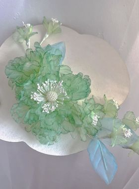 烫花绿色系清新发饰发夹古风汉服头饰侧边古装发夹配饰