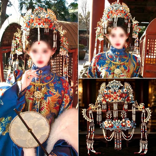 京城贵女明制烧蓝发冠秀禾服冠新娘婚嫁奢华汉服凤冠头饰中式婚礼