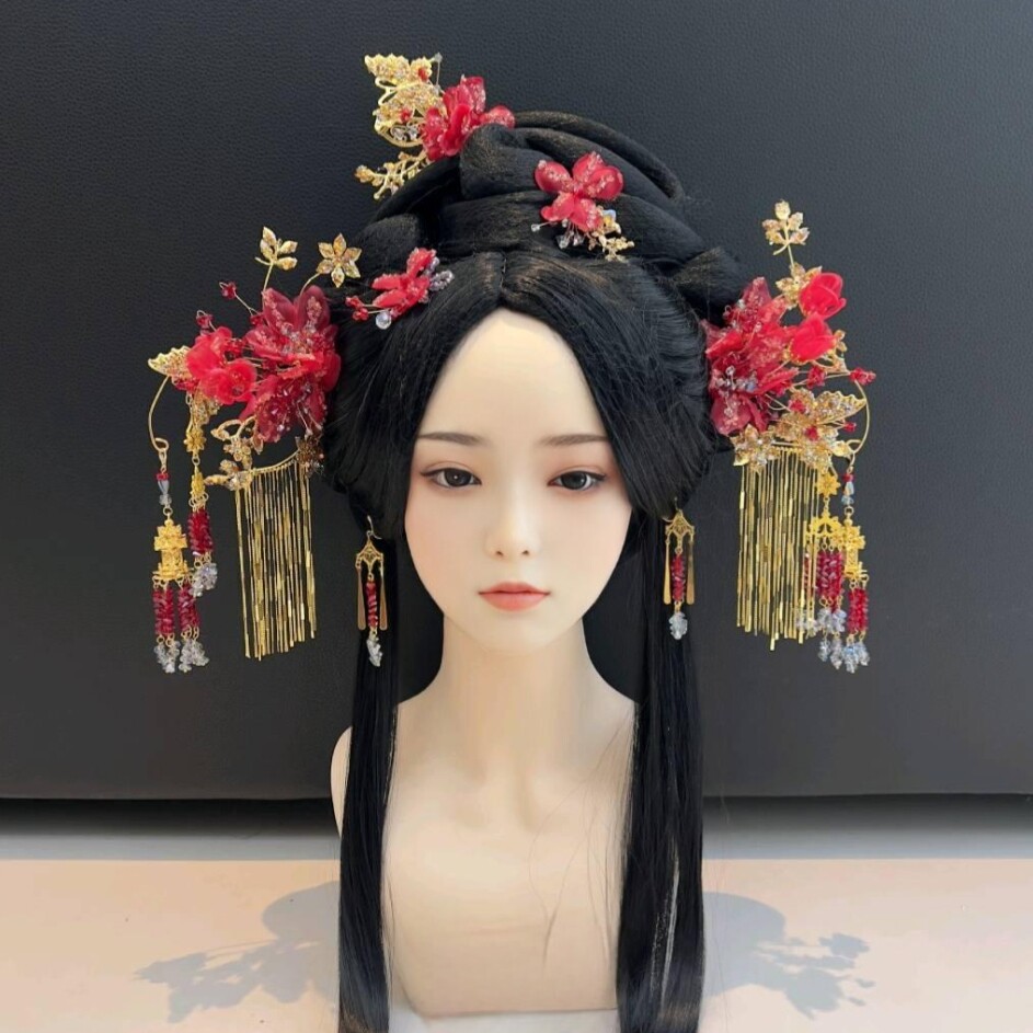 汉服中式婚礼手工花朵发钗减龄古装头饰新娘汉服复古秀禾发饰品