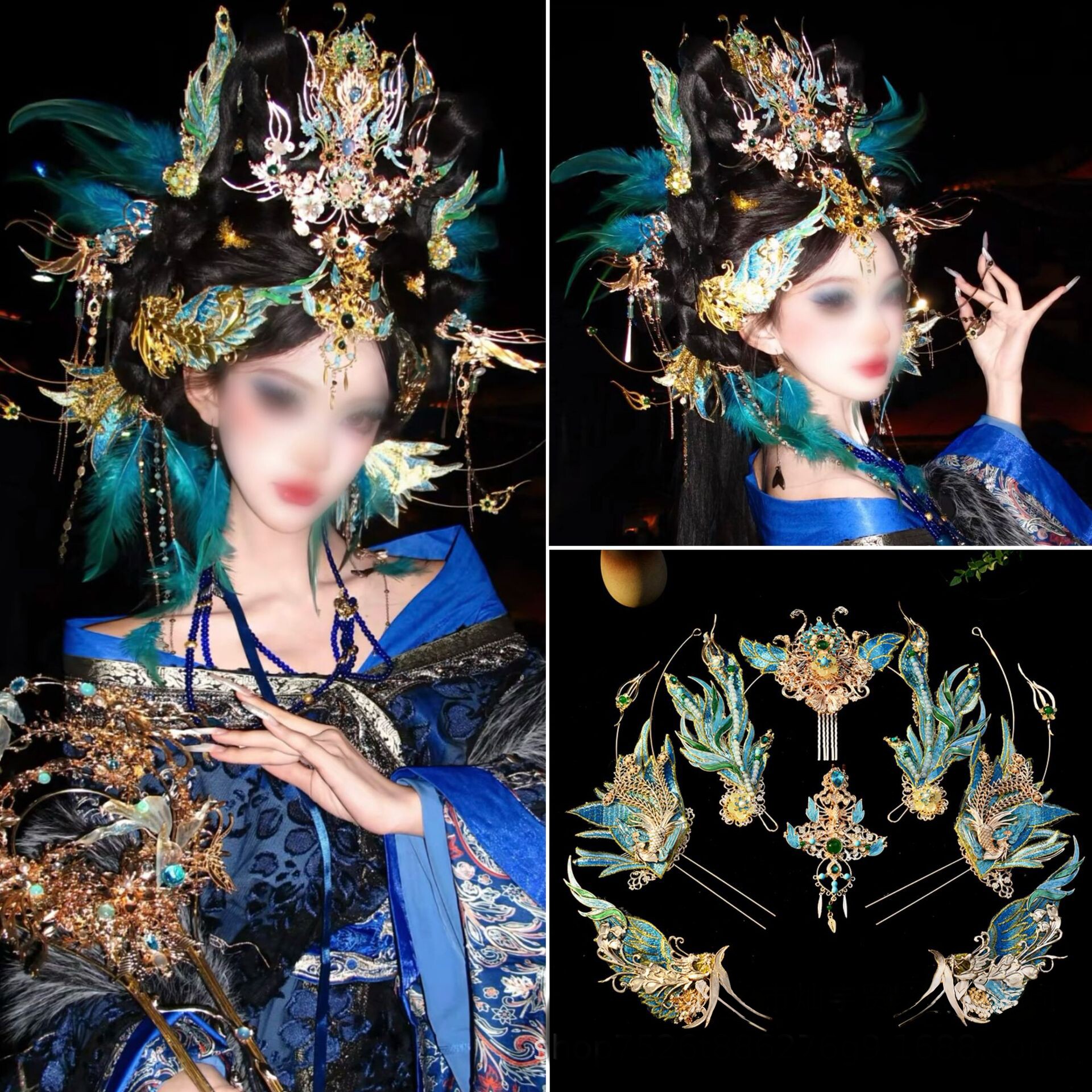 汉服头饰凤凰精卫神女羽毛发饰古风发冠发簪发钗配饰重工公主发饰