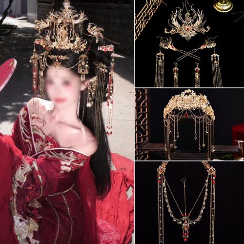古风汉服发饰红色战国袍魏晋风发冠发簪大全套结婚金色头冠发簪子