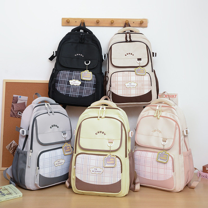 新款日系ins清新甜美撞色拼接格纹背包初高中生轻便大容量双肩包