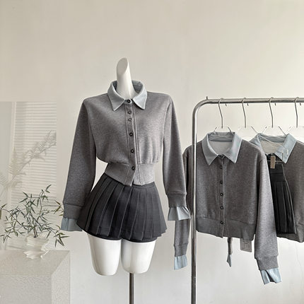 avenement 撞色翻领假两件针织衫外套千金学院风长袖上衣女秋冬