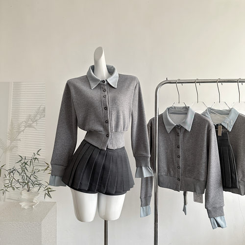 avenement 撞色翻领假两件针织衫外套千金学院风长袖上衣女秋冬