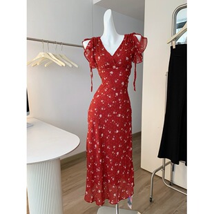 SUN秀熙熙春季 新法式 优雅度假连衣裙V领印花纯欲裙子女 GENTLE