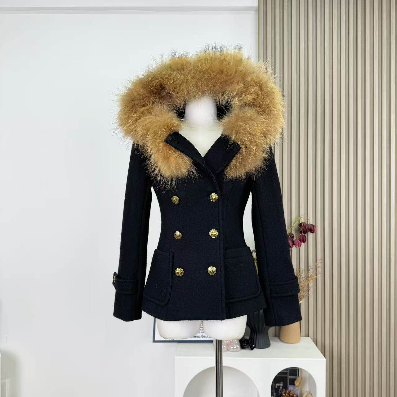 NAOAO 古早日杂大衣 绝美羊毛拼接真貉子毛大毛领质感拉满