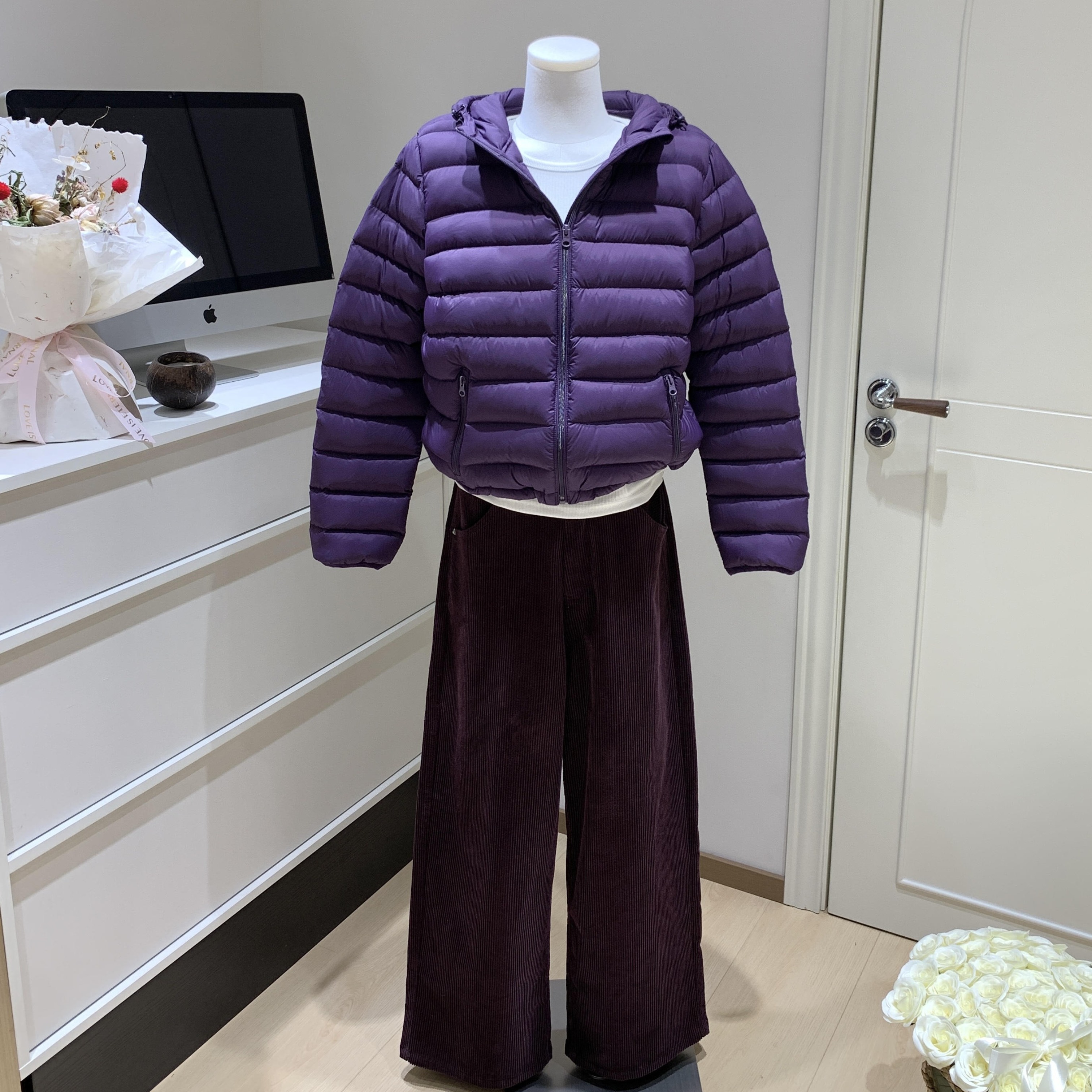 宅女同款 RARELY ALIKE 灯芯绒宽松直筒酒红色